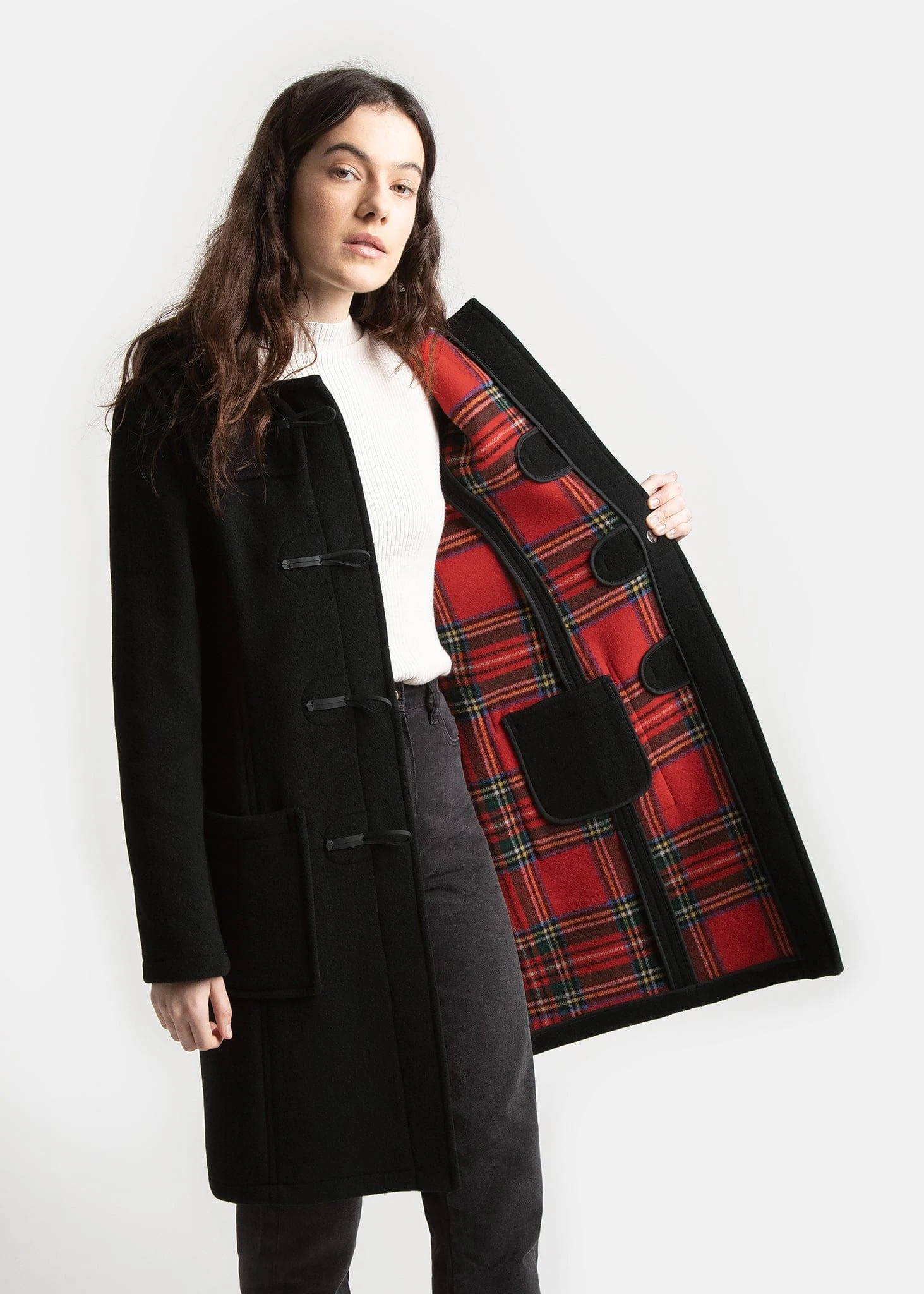 Women's Long Slim Fit Duffle Coat Black Royal Stewart - Image 2