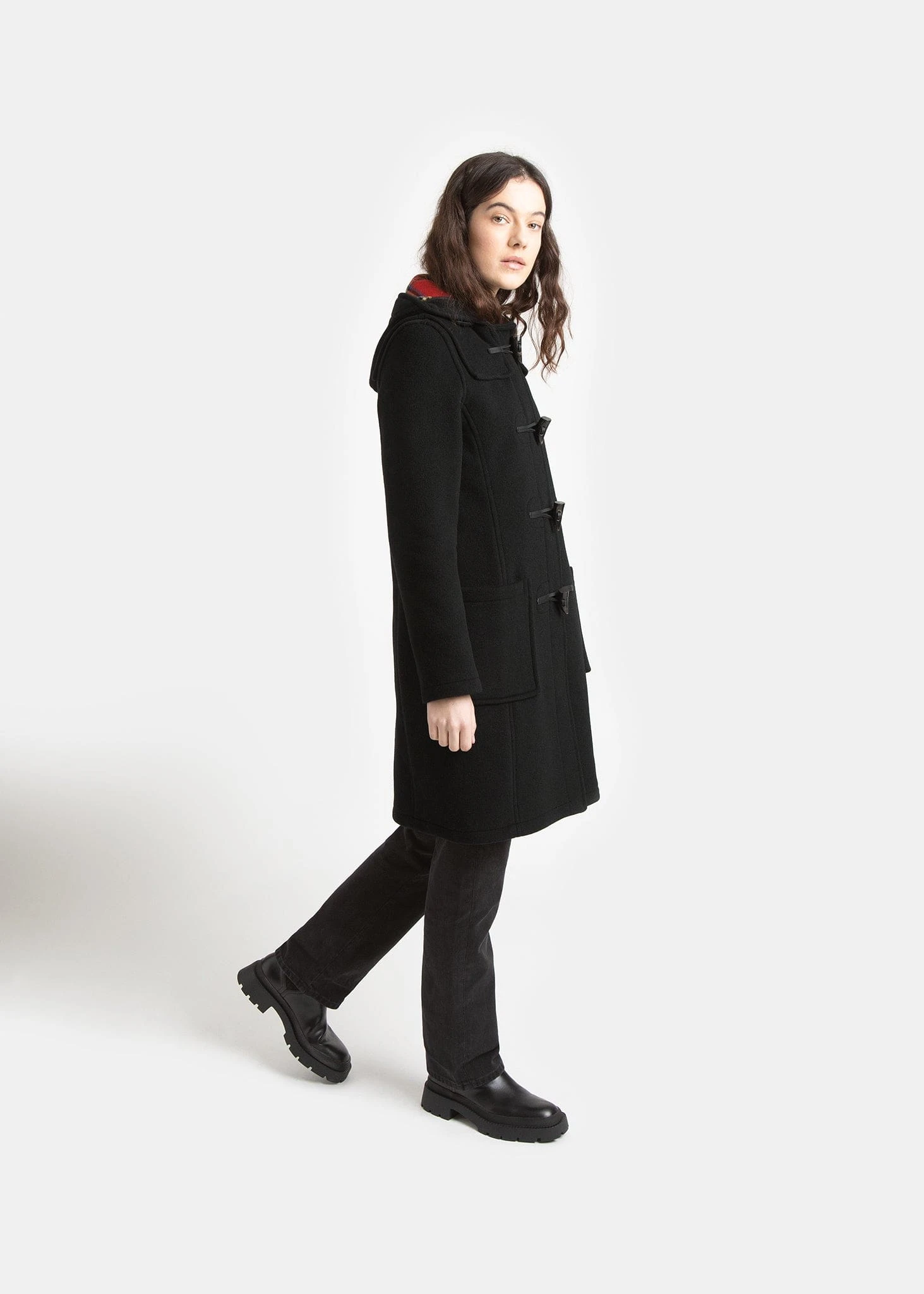 Women's Long Slim Fit Duffle Coat Black Royal Stewart - Image 6