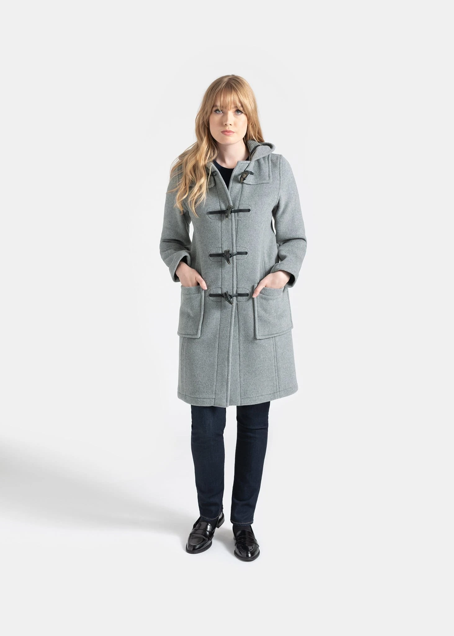 Women's Long Slim Fit Duffle Coat Silver Prince Of Wales - Image 3