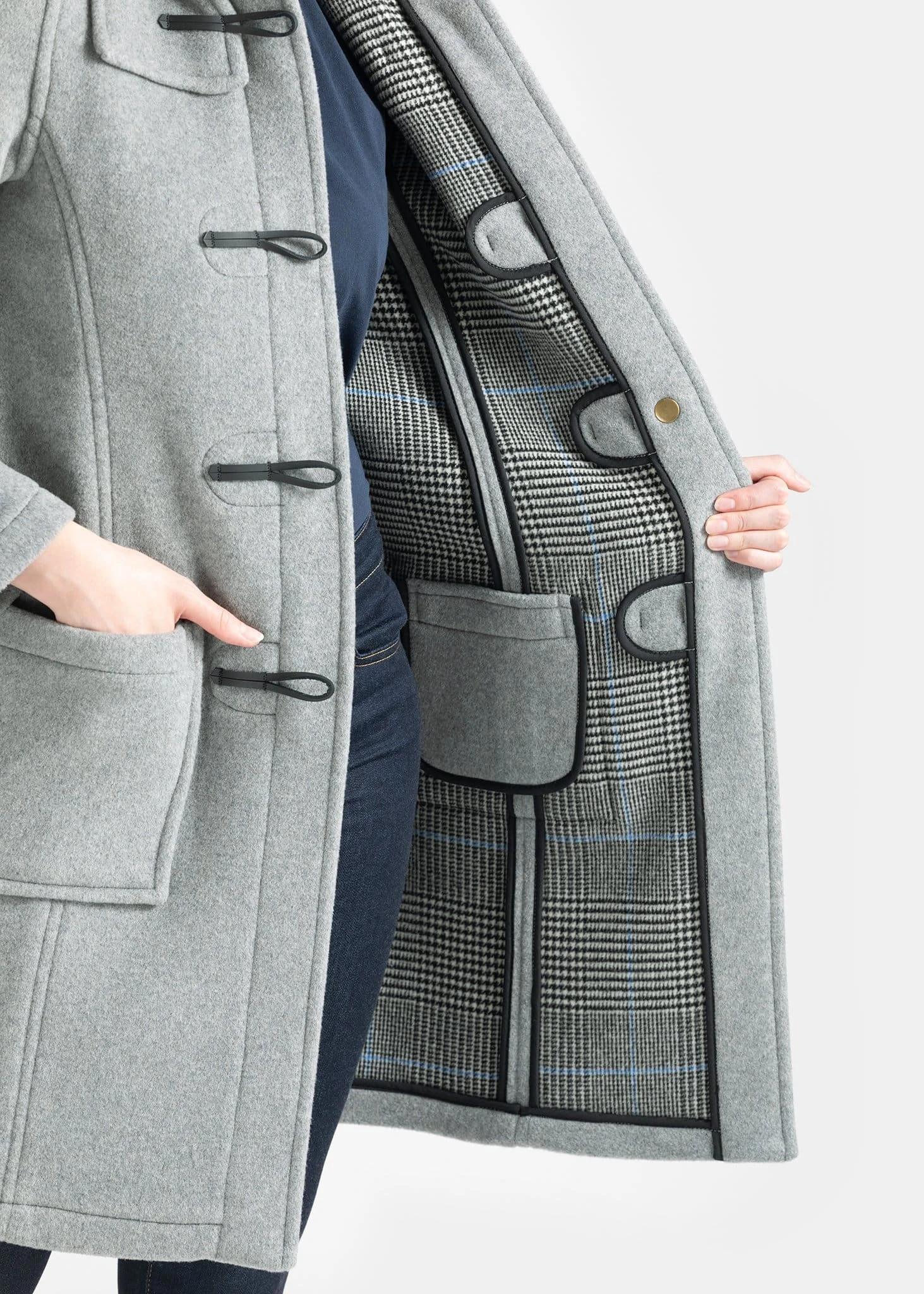 Women's Long Slim Fit Duffle Coat Silver Prince Of Wales - Image 2