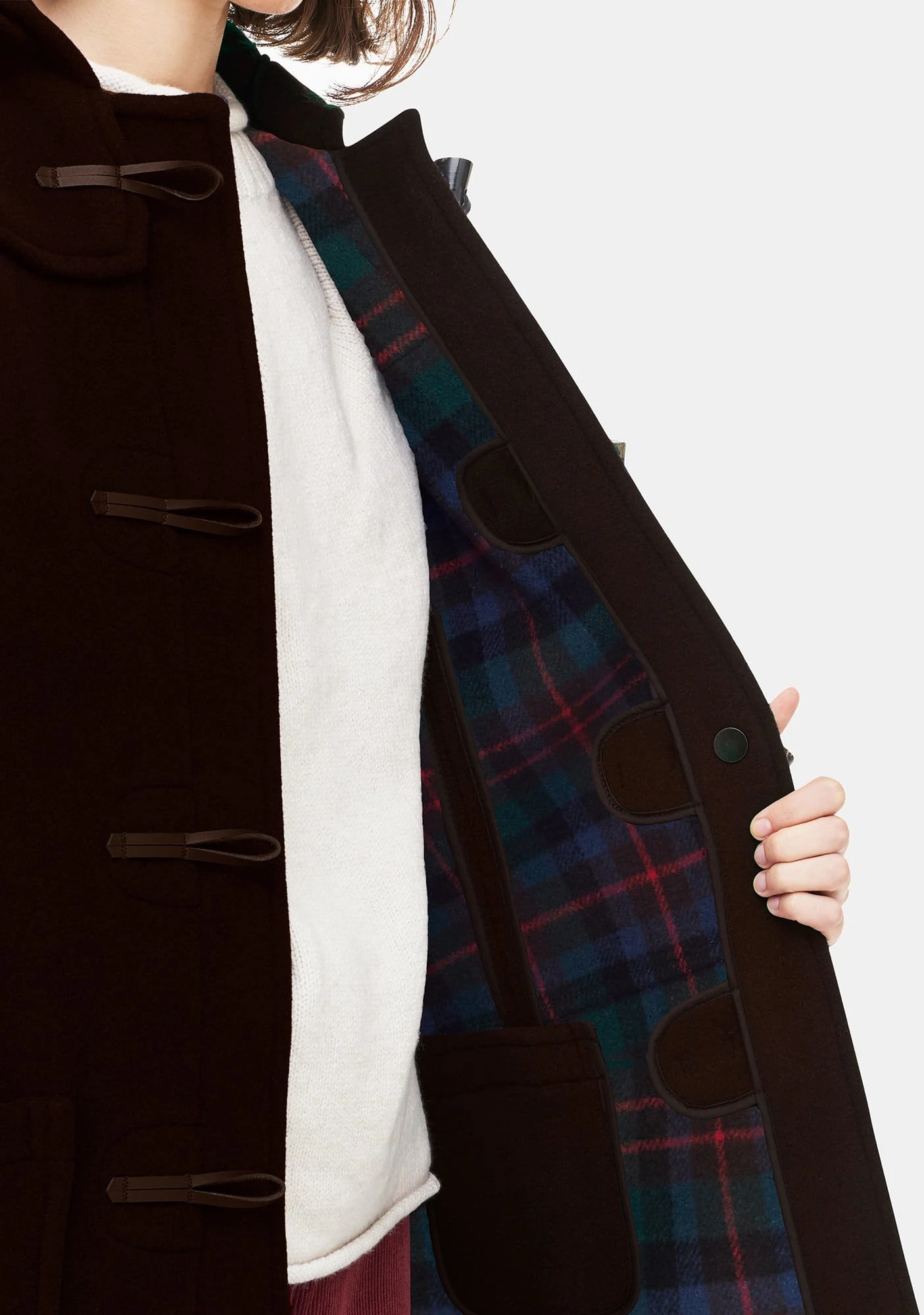 Women's Long Slim Fit Duffle Coat Brown Tartan - Image 3